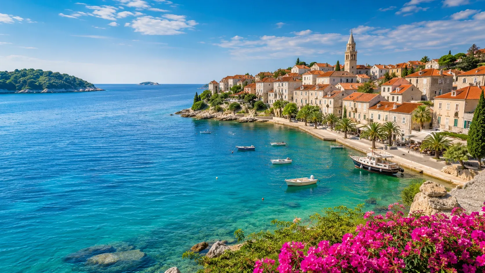 a stunning panoramic view of Hvar Town, located on the island of Hvar in Croatia along the breathtaking Adriatic Sea.
