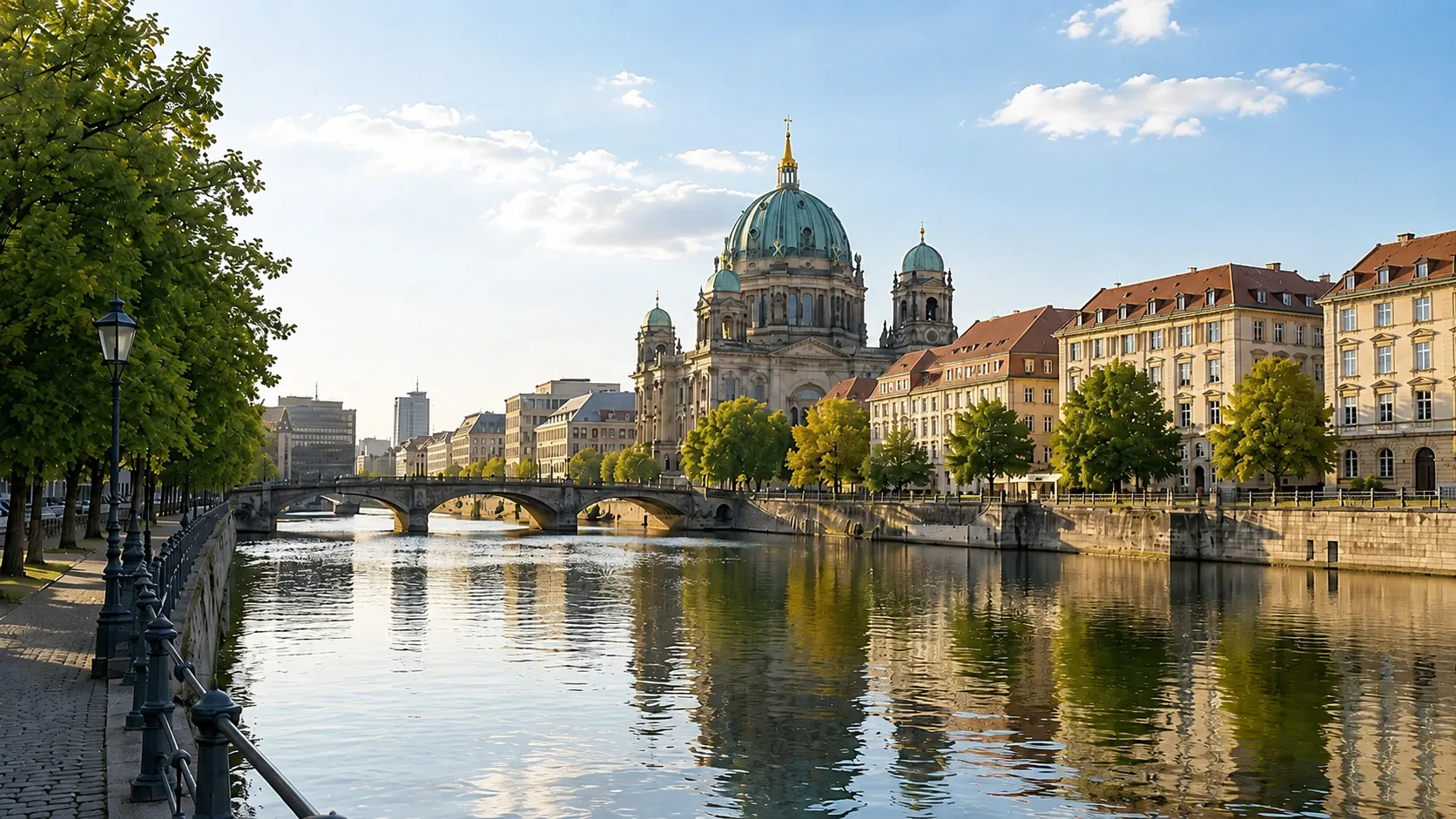 a classic golden hour sunset view of the Berlin Cathedral (Berliner Dom) in Berlin, Germany.