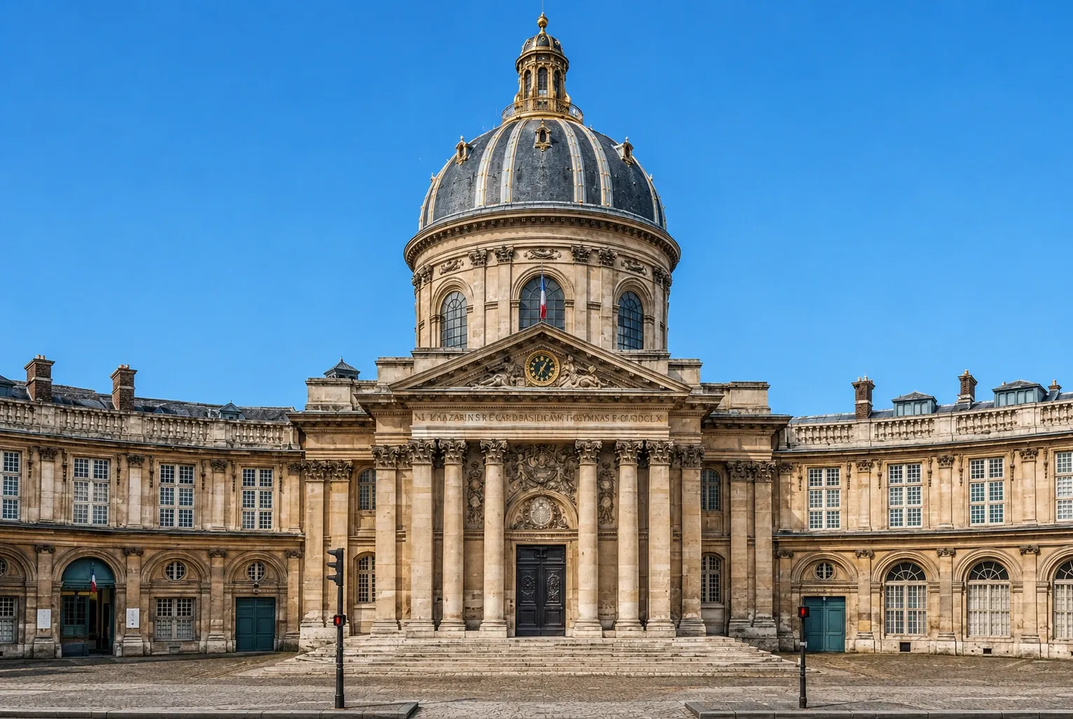 Institut de France in Paris with its grand domed roof, classical stone façade and clear blue sky.