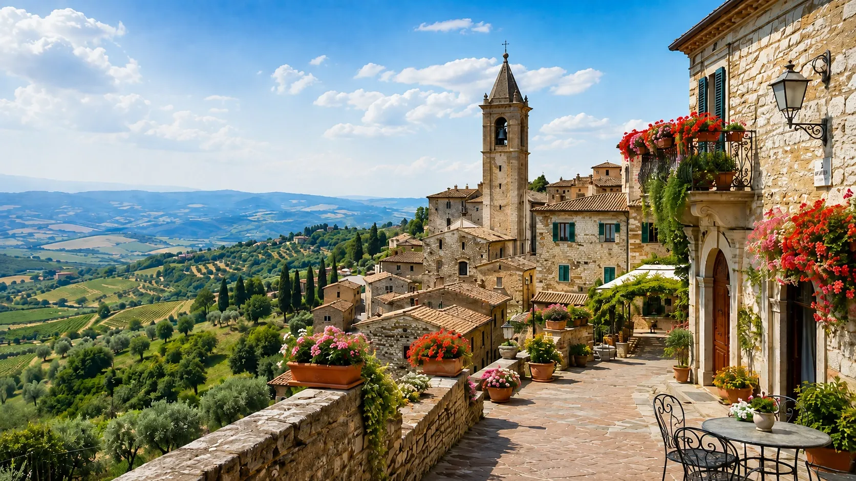 a panoramic view of Montefollonico, a historic medieval village in Tuscany, Italy, nestled in the province of Siena.