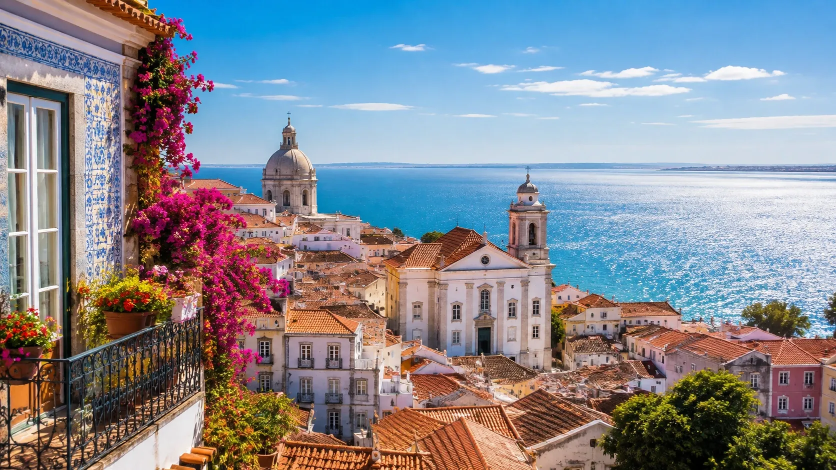 a quintessential panoramic view over the historic Alfama district in Lisbon, Portugal, overlooking the vast Tagus River (Rio Tejo)