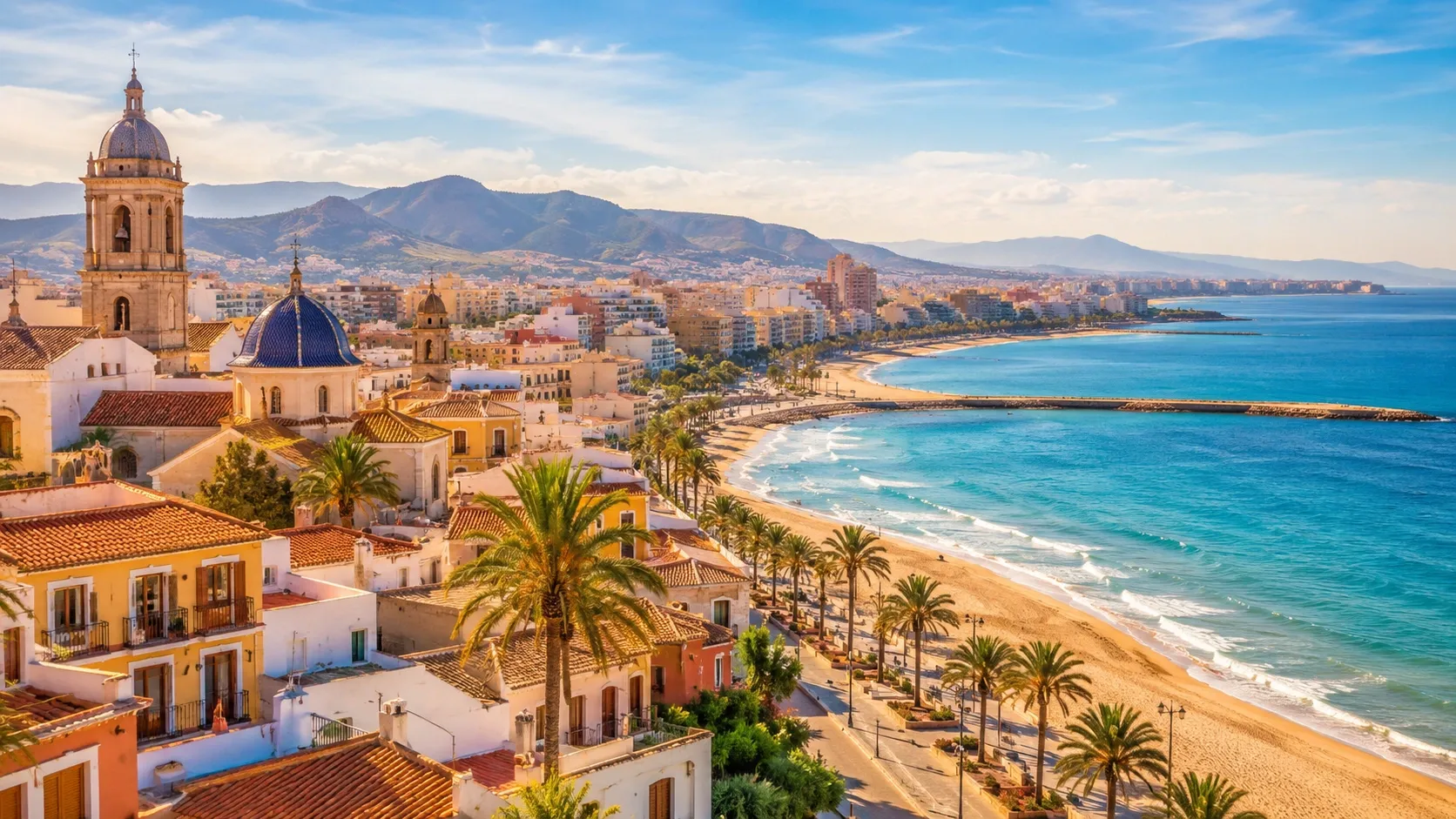 a panoramic coastal view of Sitges, Catalonia, Spain, a beautiful beach resort town located along the Mediterranean Sea just south of Barcelona.