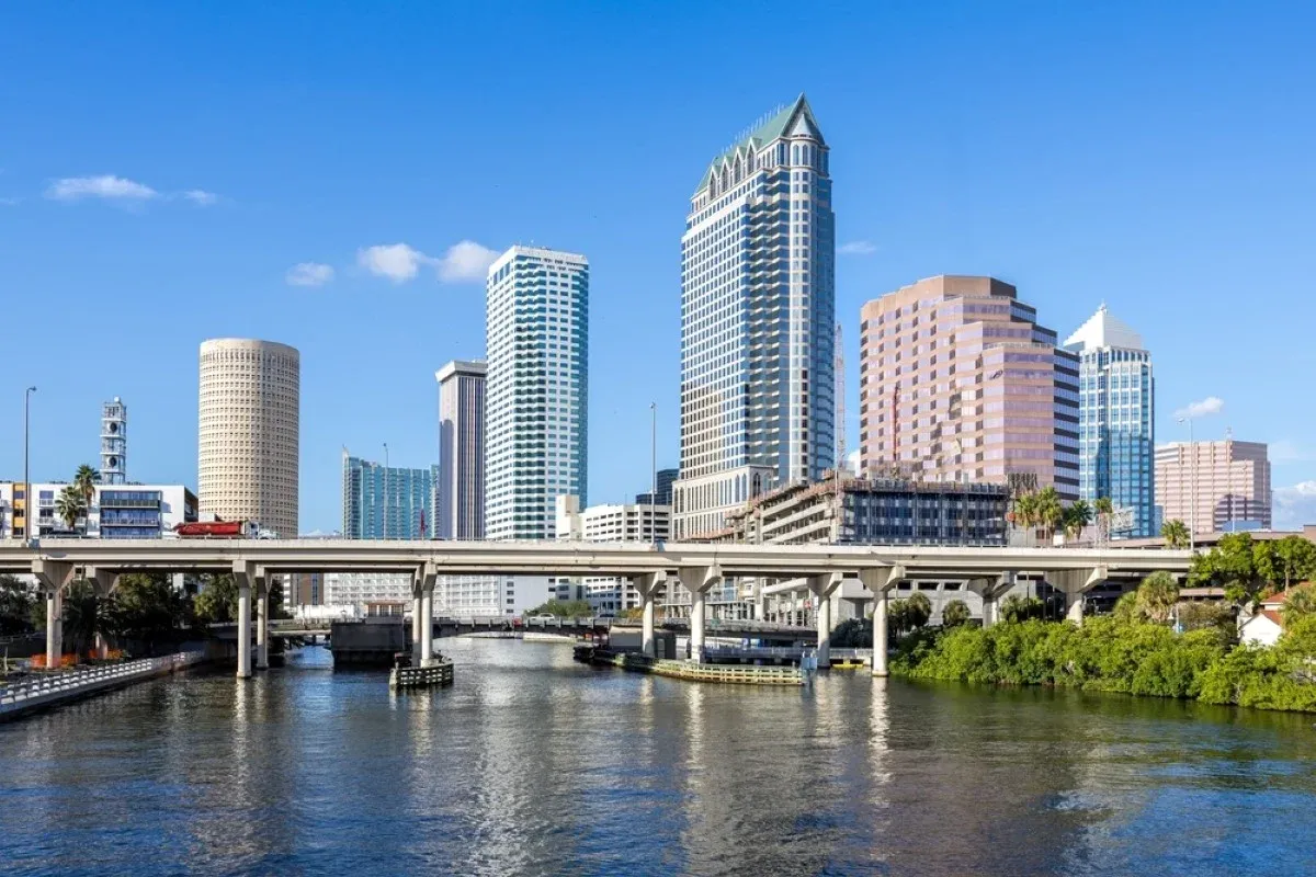Downtown Tampa skyline and elevated roadway along the waterfront in Florida