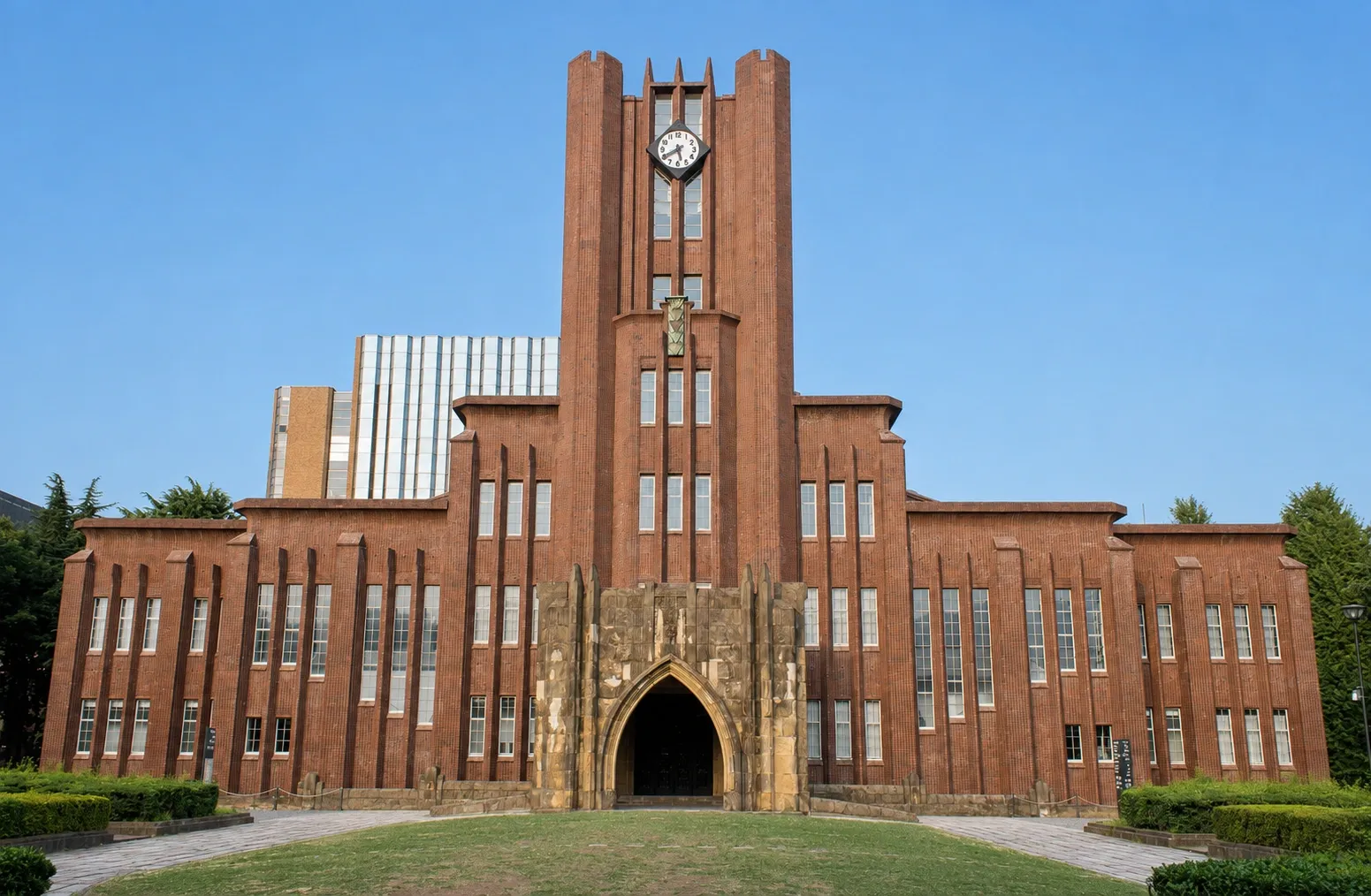 Historic red-brick University of Tokyo building with a central clock tower and arched entrance under a clear blue sky.